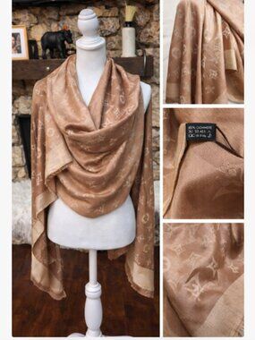 Luxury Monogram Shawl Scarf Beige Brown Cashmere Silk Blend Fringe Wrap